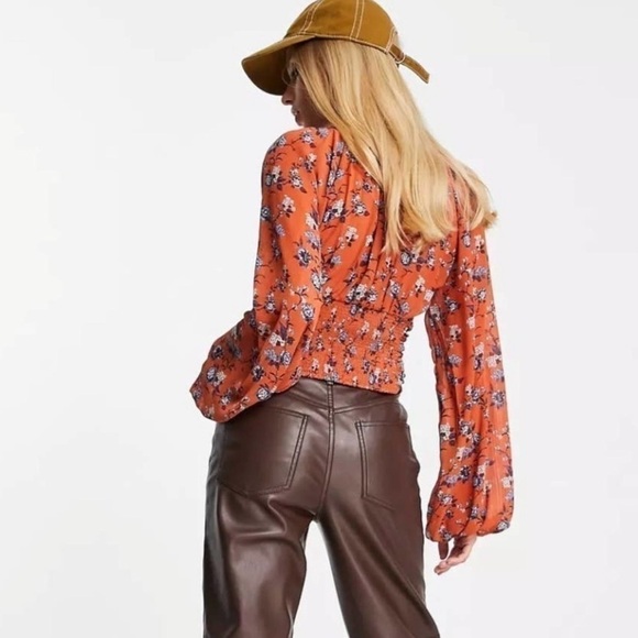 Free People | NWT Final Rose Orange Floral Ruched Blouse | Sz S - Picture 3 of 13